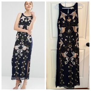 Frock & Frill Navy Pink Bird Floral Embroidered Beaded Maxi Dress - 45624